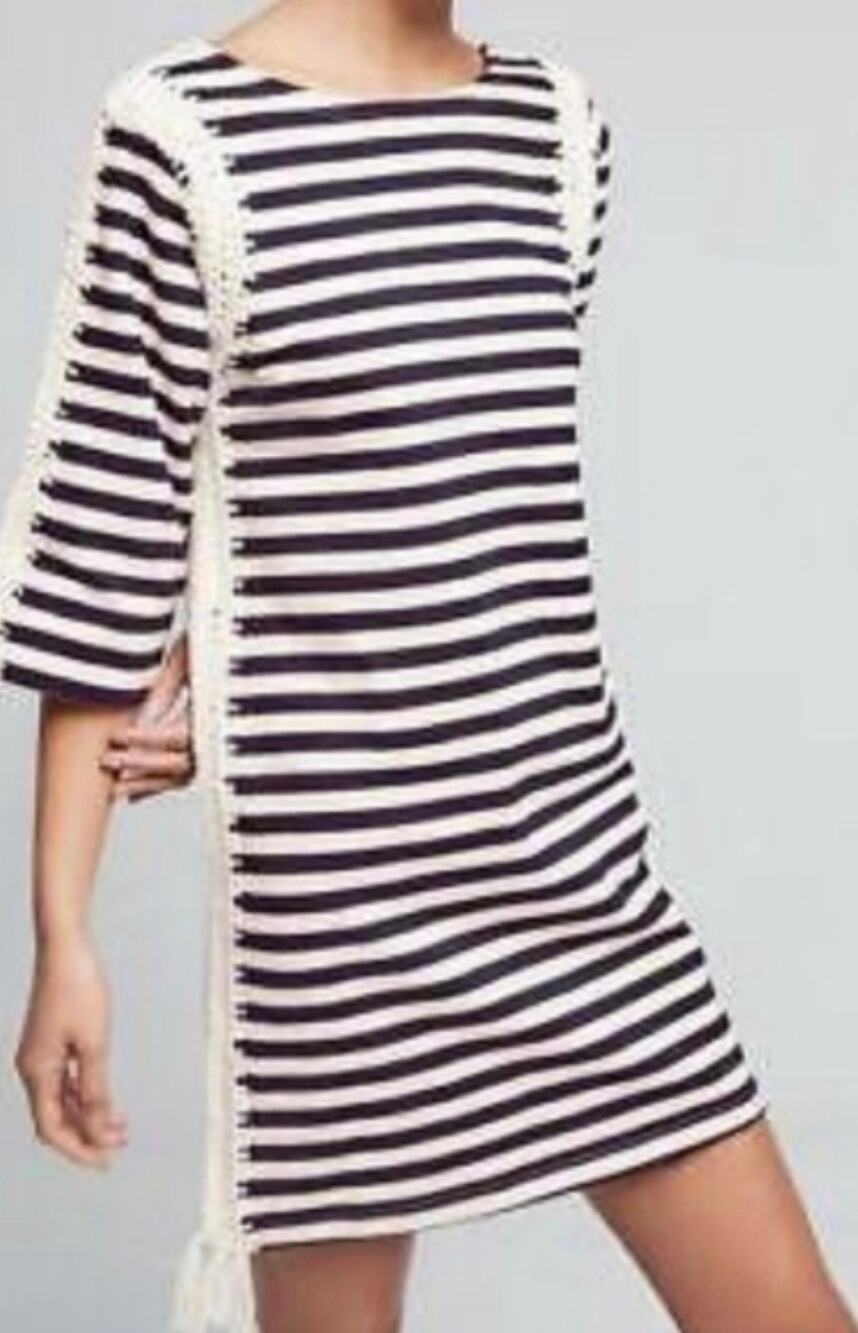 Anthropologie Pepin Nautical Blue White Stripe Cotton CrochetTunic Dress-Size XS